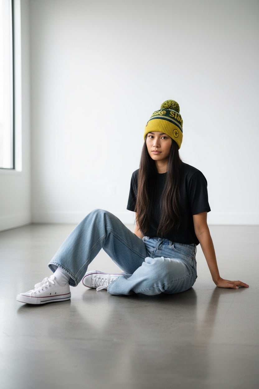 Släke pom mössa i grönt & gult